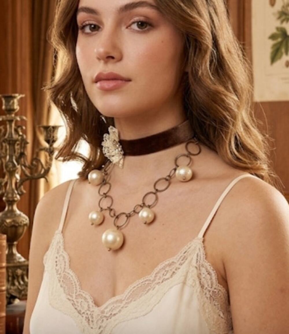 Handmade Avant Garde Mink Brown Velvet Choker with Lace & Upcycled Necklace